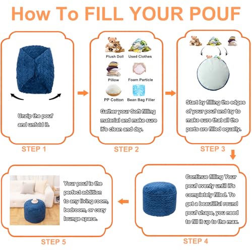 Poofieotto Unstuffed Ottoman Pouf Cover – Round Faux Fur Footstool Plush Floor Pouf (No Filler Included) Perfect for Living Room, Bedroom, or Office Lounge (Navy Blue, 20x20x15 in) - color: Navy Blue, size: 20"D x 20"W x 15"H