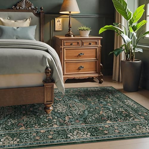 3x5 Floral Washable Area Rug for Living Room, Vintage Boho Rugs for Bedroom Dining Room, Botanical Birds Non Slip Low Pile Forest Throw Carpet for Farmhouse Office, Retro Green/Blue - color: Dark Green (Larger Pattern), size: 3' x 5' (Rectangular)
