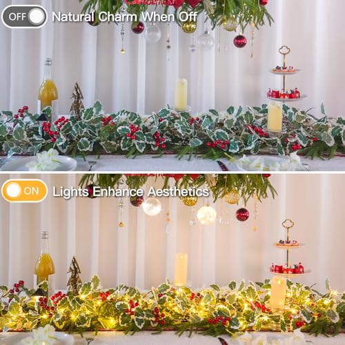 suddus 40 LED Christmas Fairy Lights Battery Powered,12.5ft Vine String Lights with Red Berries & Holly Leaf Timer Remote, Artificial Garlands for Fireplace, Bedroom,Porch,Door,Table,Stairs,Xmas Decor - color: Holly, size: 40 LED-Battery-Copper