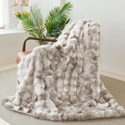 Faux Rabbit Fur Throw Blanket for Couch, Fluffy Warm Plush Thick Bubble Blanket for Bed Sofa Living Room, Soft Cozy Furry Blanket, 50x60 inches, Tie-dye Khaki - color: Tie-dye Khaki, size: Throw50"x60"