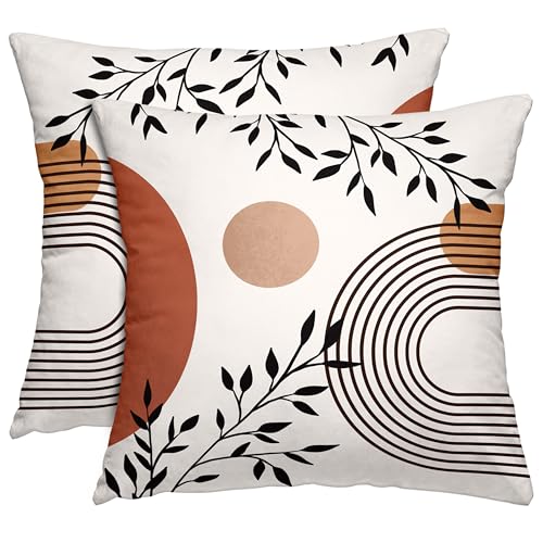 Boho Mid Century Throw Pillow Covers 18x18 Inches Modern Geometric Abstract Art Pillow Case Set of 2 Soft Velvet Couch Pillows Cushion Cover for Bed Sofa Living Room (Brown, 18" x 18") - color: Brown