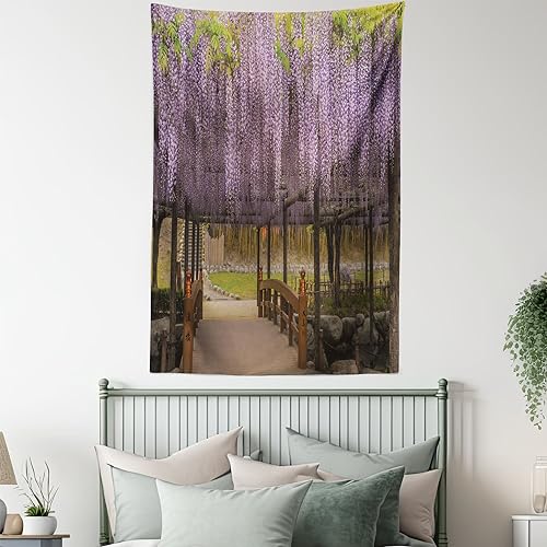 Ambesonne Japanese Tapestry, Lilac Flowers Hanging Down from Terrace Top to Bottom Field Paradise Scenery, Wall Hanging for Bedroom Living Room Dorm Decor, 40" X 60", Purple Brown - color: Purple Brown, size: 60"L x 40"W