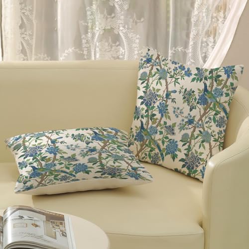 Chinoiserie Pillow Covers 18x18 Set of 2 Blue Green Floral Birds Throw Pillow Covers Decoration Spring Summer Floral Farmhouse Decorative Linen Cushion Cover for Couch Sofa Outdoor Decor - color: Blue Green-flower Birds-2, size: 18" x 18" (Pack of 2)