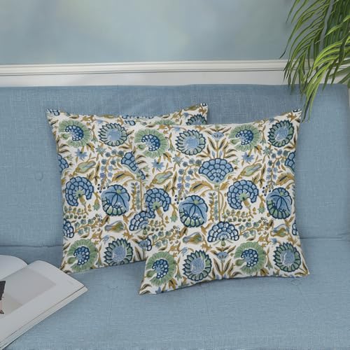 Boho Throw Pillow Covers 16x16 Inch 2 Pcs Navy Blue Sage Green Yellow Vintage Floral Decor Pillow Covers Flower Outdoor Seasonal Decorative Pillowcase Linen Cushion Cover for Couch Sofa - color: Blue Green Yellow Flower, size: 16" x 16" (Pack of 2)