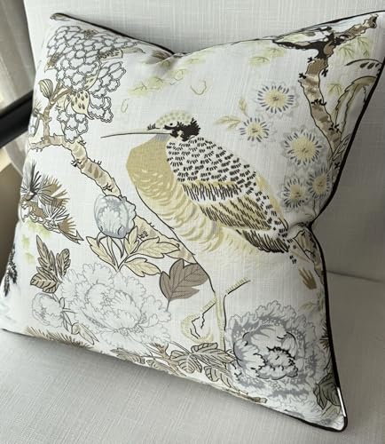 VAGMINE Chinoiserie Bird Floral 20x20 Inch Throw Pillow Cover - Sage Ivory Peony Hydrangea Print on Textured Polyester - Cushion Case for Couch Sofa - Nostrich - color: Nostrich, size: 20" x 20" (Pack of 1)