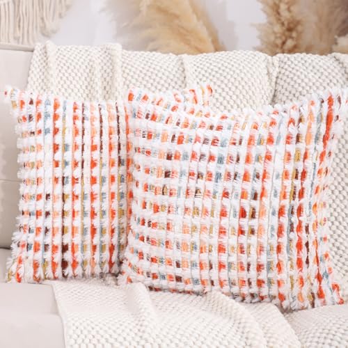 LUOYEHK Boho Throw Pillow Covers 16x16 Inch Set of 2 Chenille Tufted Pillowcase Farmhouse Neutral Cushion Covers for Couch Sofa Bed Living Room, Orange Red - color: Orange Red, size: 16" x 16" (Pack of 2)