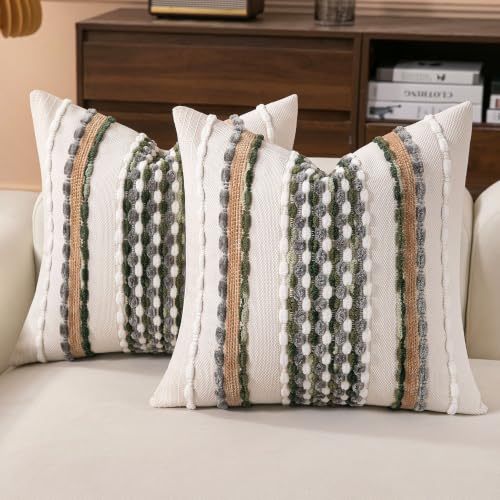 Boho Striped Throw Pillow Covers 18x18 Inch Set of 2 Farmhouse Square Decorative Pillow Covers Chenille Tufted Accent Neutral Pillowcase Grey Green Cushion Cover for Couch Sofa Bed - color: Grey Green