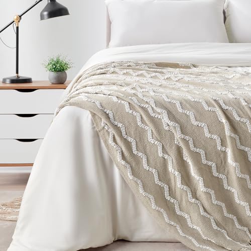 BOURINA Fluffy Chenille Knitted Fringe Throw Blanket Lightweight Soft Cozy for Bed Sofa Chair Throw Blankets, Beige 50" x 60" - color: A-beige, size: 50"×60"