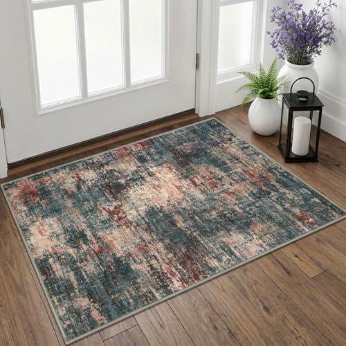 Lansny Abstract Small Area Rug 2x3 Entryway Rugs Washable Indoor Door Mat Entrance, Non Slip Kitchen Rugs, Throw Rug Printed Faux Wool Floor Carpet for Front Door Foyer Entry Sink, Red/Multi - color: Red/Multi, size: 2' x 3' (Rectangular)