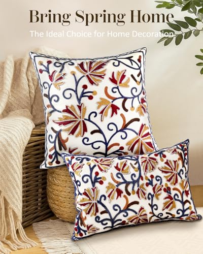Embroidered Throw Pillow Cover - 20x20 Decorative Pillow Cover with Zipper Aesthetic Cute Design Boho Spring Summer Throw Pillowcase for Living Room Couch Sofa Bed, Fall Flower - color: Fall Flower, size: 20" x 20" (Pack of 1)