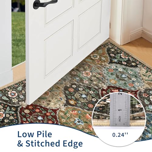 ROYHOME Small Rug Moroccan Trellis Washable Area Rug Doormat Stain Resistant Non-Slip Entryway Rug Distressed Floral Floor Carpet for Indoor Front Entrance Kitchen Bathroom, Red/Brown, 2' x 3' - color: Red/Brown, size: 2' x 3' (Rectangular)