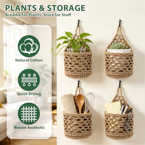 4 PCS 5-Inch Macrame Wall Plant Hangers, Small Wall Hanging Plant Holder with Hooks, Natural Cotton Rope Hanger for Indoor Plants & Daily Storage, Boho Home Decor