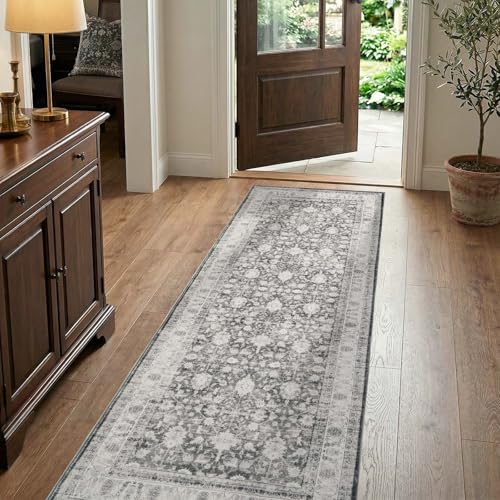jinchan 2x6 Washable Vintage Runner Rug, Distressed Traditional Floral Kitchen Runner, Soft Low-Pile Non-Slip Floor Mat High-Traffic Aisle Hallway Rug for Entryway Laundry Room Bathroom, Grey - color: Oriental Grey, size: 2' x 6' (Runner)