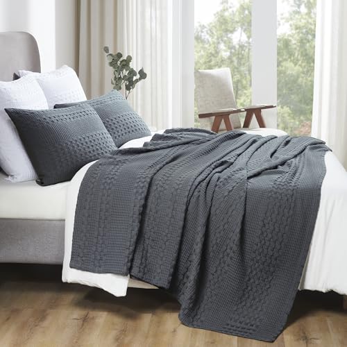 VHC Brands 100% Cotton Waffle Weave Twin Blanket 66"x90", Decorative Lightweight Spring and Summer Throw Blanket, Bedroom Decor for Bed, Couch, or Sofa, Dark Grey - color: Dark Gray, size: Twin (66"x90")