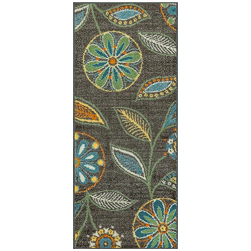 Maples Rugs Reggie Floral Runner Rug - Made in USA - Washable, Non Slip Indoor Carpet for Kitchen, Hallway, and Laundry Room, 1'8 x 4', Dark Grey - color: Dark Grey, size: 1'8" x 4' (Rectangular)