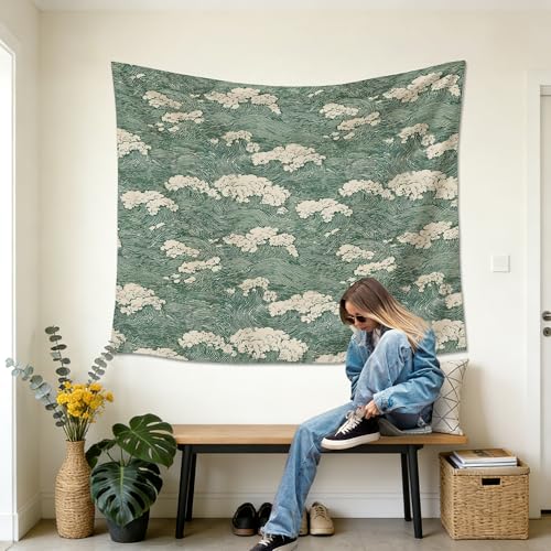 gsgfdshf Abstract Japanese Green Ocean Coral Wall Tapestry, Vintage Japanese Inspired lined Art Coastal Aesthetic Tapestry Wall Hanging for Bedroom Living Room Home Decor, 50x60 Inch - color: Landscape Text-Tapestry-J