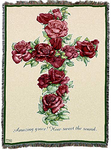 Red Roses Cross Blanket by Parker Fulton -Amazing Grace How Sweet The Sound - Sympathy Bereavement Gift Tapestry Throw Woven from Cotton - Made in the USA (72x54) - color: Red Roses Cross, size: 72" x 54"