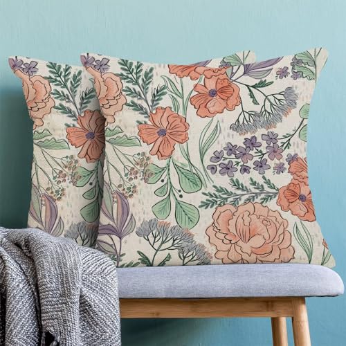 Boho Orange Flower Pillow Covers 18x18 Set of 2, Colorful Floral Outdoor Decorative Botanical Flowers Tropical Leaves Throw Pillows Retro Violet Floral Couch Cushion Case for Chair Sofa Bedroom - color: Vc9, size: 18" x 18" (Pack of 2)