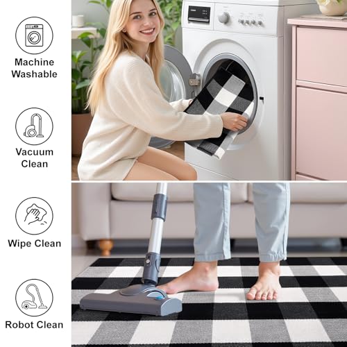 OLANLY Buffalo Plaid Rug 3' x 5' – Black and White Cotton Checkered Doormat, Washable Indoor Outdoor Rug for Layered Front Porch, Kitchen, Entryway Decor - color: Black White Buffalo Check, size: 3' X 5' (Rectangular)