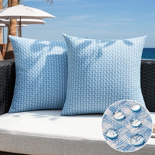 Kevin Textile Outdoor Waterproof Throw Pillow Covers Pack of 2 Weaving Texture Water Resistant Outside Decorative Cushion Covers for Garden Patio Tent Balcony Bench Couch Sofa 16x16 Inch, Light Blue - color: Light Blue, size: 16" x 16" (Pack of 2)