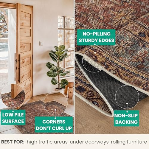Bloom Rugs Washable Non-Slip 2' x 3' Rug - Terracotta/Mustard Traditional Oriental Area Rug for Living Room, Bedroom, Dining Room, and Kitchen - Exact Size: 2' x 3' - color: Terracotta / Mustard, size: 2' x 3' (Rectangular)