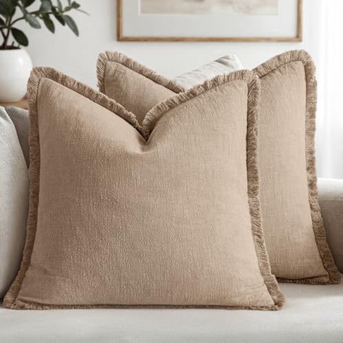 MIULEE Decorative Throw Pillow Covers Neutral Linen Fringe Throw Pillows Set of 2 Camel Boho Farmhouse Cushion Covers with Tassels for Couch Sofa Bed Living Room Spring Decor 18x18 Inch - color: Camel, size: 18" x 18" (Pack of 2)