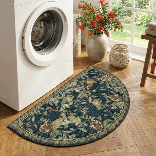 jinchan Eden Botanical Vintage Washable Small Area Rug, 2x3 Half Circle Floral Entryway Rug, Low Pile Soft Non Slip Doormat Dirt Trapping Carpet for Entrance Kitchen Bathroom Vanity, Blue - color: Eden Dark Blue, size: 1'9" x 3' (Semicircular)