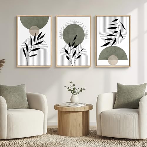 Framed Boho Sage Green Wall Art for Living Room, 3 Piece Large Abstract Botanical Canvas Artwork Decor, Beige White Sun Moon Geometric Leaf Painting Prints for Bedroom Dining Room Office 16x24 Inch - color: Green Black, size: 24" H x 16" W x 3Pcs