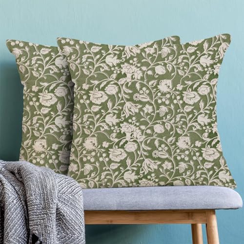 Sage Green Floral Throw Pillow Covers 18x18 Set of 2, Flower Print Linen Decorative Pillow Cover Neutral Vintage Decoration Outdoor Cushion Cover Floral Pillowcase for Sofa Couch Farmhouse Room - color: Print Green, size: 18" x 18" (Pack of 2)