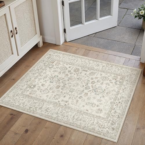 PureCozy 2x3 Taupe Entryway Area Rug Machine Washable Door Mat Kitchen Vintage Distressed Non Slip Carpet Indoor Retro Floral Accent Throw Small Rug for Bathroom Office Bedroom Living Dining Room - color: Taupe Multi, size: 2' x 3' (Rectangular)