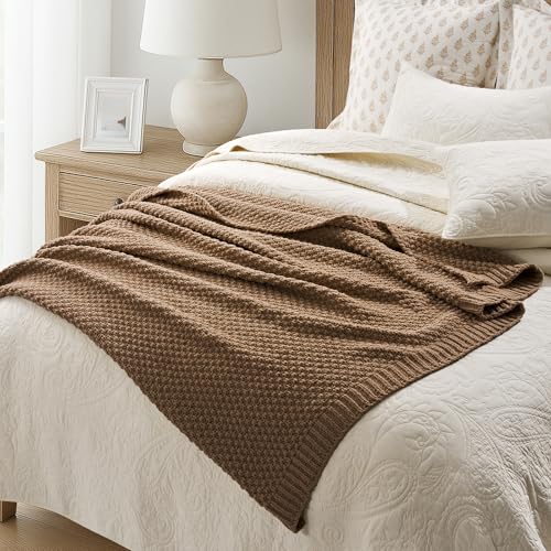 EVERGRACEHOME Chunky Chenille Knit Throw Blanket for Couch, Soft Luxurious Moss Stitch Blankets for Bed, Cozy Decorative Farmhouse Knitted Throws for Sofa, Camel Brown, 50" x 60" - color: Camel Brown, size: 50" X 60"