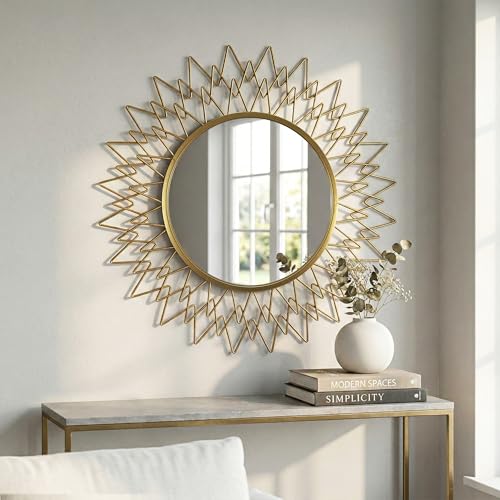 Gold Sunburst Round Wall Mirror 36", Decorative Circle Metal Frame Mirror, Large Decorative Circular Mirror for Living Room Wall Decor - color: Sunburst - 36"l X 36"w