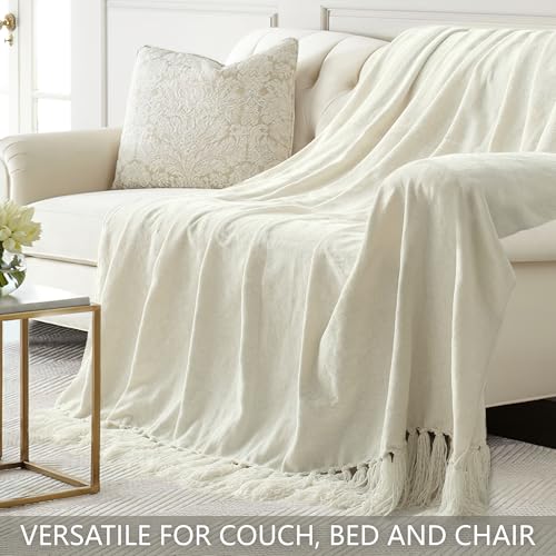 Chenille Throw Blanket for Couch 50"X 60", Soft Cozy Throws with Fringe Tassel for Bed Sofa Chair Cover, Lightweight Knitted Decorative Boho Blankets for Living Room, Ivory White - color: Ivory White, size: 50x60 inch