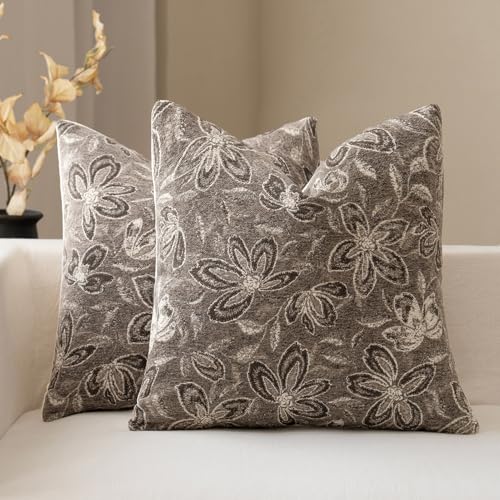 FIOUOVO Floral Throw Pillow Covers 20x20 Set of 2 Farmhouse Pillow Covers Vintage Neutral Accent Pillowcases Decorative Cushion Covers for Sofa Couch Living Room Bedroom Home Decor, Taupe - color: Taupe, size: 20" x 20" (Pack of 2)