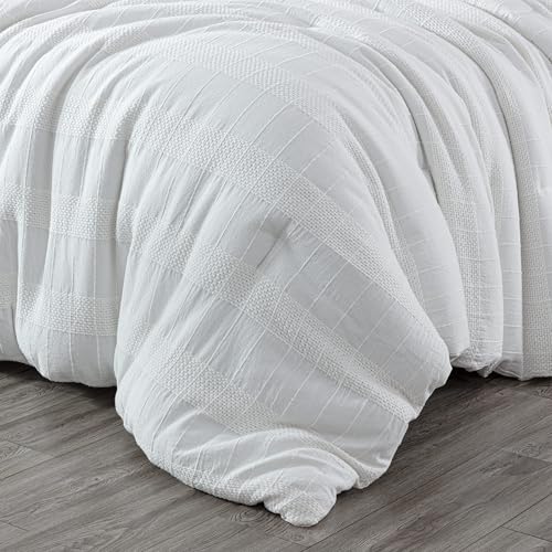 Chezmoi Collection 4-Piece Clip Jacquard Cotton Comforter Set King, Boho Chic Textured Tufted Basketweave Striped Bedding with Textured Woven Pillow Cushion, White - color: Yuki White, size: King