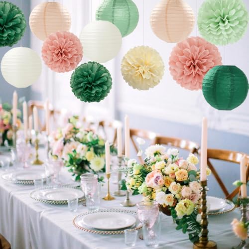 Sage-Green Pink Party-Decorations Paper-Flowers Lanterns - 15PCS Birthday Boho Rustic Tissue Pom Poms Streamers,Baby Shower Neutral Wedding Graduation Bridal Safari Hanging Supplies Decor Hugfond - color: Sage Green Pink