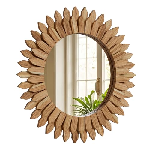 Boho Wood Sunburst Round Wall Mirror, 24 Inch Rustic Circle Wooden Frame Decorative Mirror for Farmhouse Coastal Home, Home Wall Decor for Living Room Entryway Bedroom, Light Wood - color: Brown, size: 24"L x 24"W