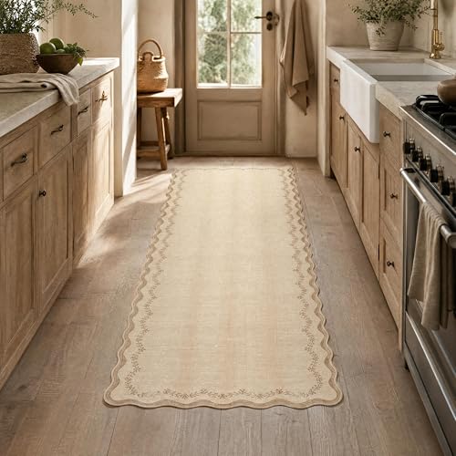 GarveeHome 2.5x8 Scalloped Washable Runner Rug for Kitchen, Soft Jute Long Hallway Runner Non Slip Entryway Rug Farmhouse Thin Laundry Mat Stain Resistant Carpet for Bathroom Beside Rug - color: Jute, size: 2'6" x 8' (Rectangular)