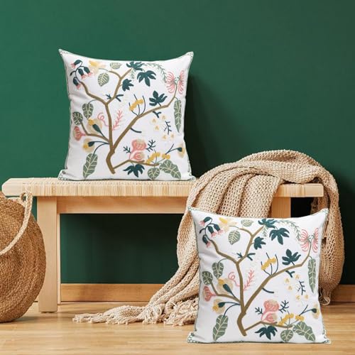 Pack of 2 Embroidered Decorative Throw Pillow Cover 18x18 Inch Farmhouse Floral Pillowcase for Living Room Sofa Bed (Spring Tree Floral) - color: Spring Tree Floral