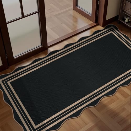 Scalloped Easy Jute Black Rug, 2x4 Front Door Washable Door Mat Non Slip Small Kitchen Area Rug, Farmhouse Low Pile Floor Rugs for Entryway Porch Doorway - color: Black Geometric, size: 2'x4' (Rectangular)