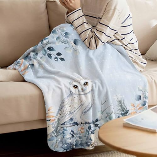 Blue Christmas Throw Blankets, Winter Snowy Owl Poinsettia Eucalyptus Leaves Soft Fleece Blanket Decorative for Home Sofa Couch Chair Living Bedroom,40x50 Inches, - color: Christmas-lxm13105, size: 40x50 Inch