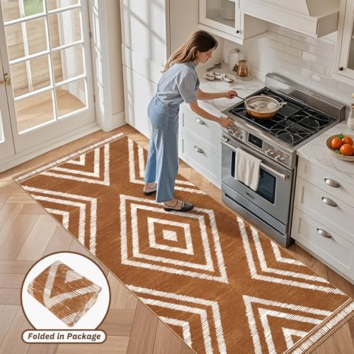 Boho 4x10 Hallway Runner Rugs Non Slip, Long Brown Washable Farmhouse Kitchen Rug Runners Non Shedding, Moroccan Floor Carpets for Bedroom Entryway Living Room Home Decor - color: Brown, size: 4' x 10' (Rectangular)