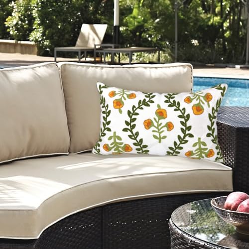 Alysheer Flower Embroidered Summer Decorative Lumbar Throw Pillow Cover 12"x 20", Farmhouse Cottage Orange Floral Green Leaves Patterned Cotton Canvas Cushion Case for Sofa Couch Bed Living Room - color: Orange Green, size: 20" x 12" (Pack of 1)