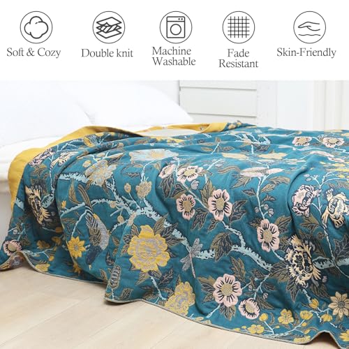 Snycler Boho Throw Blanket for Bed - 100% Cotton Ultra Soft Rustic Quilt Blanket Green Bird Floral Printed Farmhouse Decor Bed Blankets, 80"×90" All Season Rustic Throw for Sofa Couch Chair - color: Green Bird Floral, size: 80"x90"