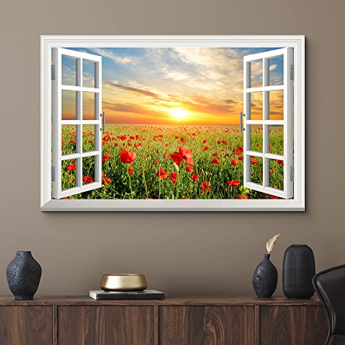 wall26 Canvas Print Wall Art Window View Landscape Sunset Red Poppy Flower Field Nature Wilderness Photography Modern Art Rustic Scenic Colorful Multicolor for Living Room, Bedroom, Office - 12"x18" - color: Artwork - 41, size: 18"L x 12"W