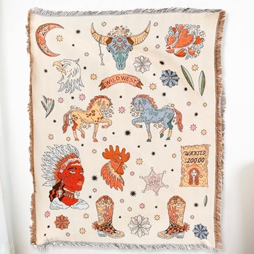 LumiSyne Double-Sided Cotton Woven Throw Blanket with Tassel Jungle Bohemian Style Tapestry Shawl Multi-Function Decorative Throws for Sofa Bed Armchair Camping Blanket Tablecloth Carpet 160x130cm - color: Wild West