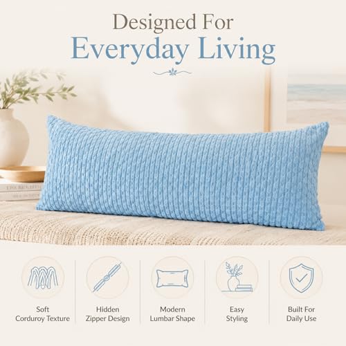 JoraLion 14x36 Boho Decorative Lumbar Throw Pillow Cover, Light Blue Cozy Soft Striped Corduroy Long Rectangle Cushion Case Accent Home Decor for Sofa Bed Room Livingroom, ONLY Cover - color: Light Blue, size: 36" x 14" (Pack of 1)