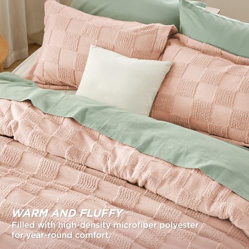 Bedsure Dusty Rose Queen Size Comforter Set, Boho Tufted Bed Set, Checkered Farmhouse-Style Distressed Vintage Bedding, 3 Pieces, 1 Plaid Geometric Comforter and 2 Pillow Shams - color: 05 - Dusty Rose - Tufted Checkboard, size: Queen