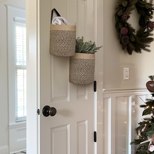 Hanging Basket 2 Pack, Small Wicker Wall Baskets for Organizing, Woven Boho Wall Hanging Decor, Indoor Plant Holder, Cotton Rope Door Organizer, Shelf Storage Bin, 7"D x 8"H (Black Stripes) - color: Black Stripes
