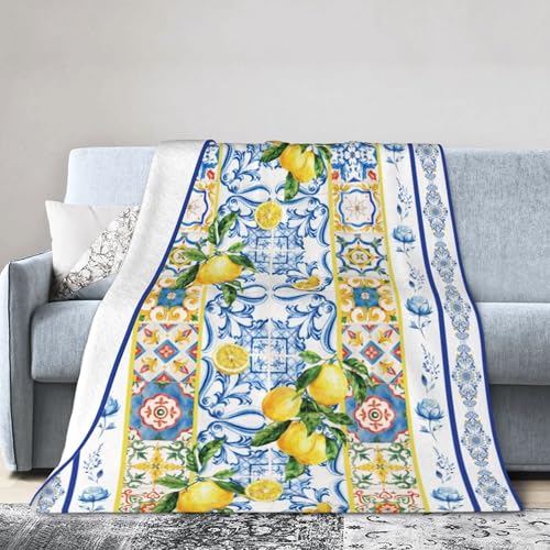 Summer Lemon Throw Blanket for Couch Chair Sofa Bed, Flannel Soft Watercolor Mediterranean Ceramic Tiles Floral Blanket for Bedroom Living Room Car, Warm Cozy Blankets for All Season 30"x 40" - color: Lemon01, size: 30X40 inch